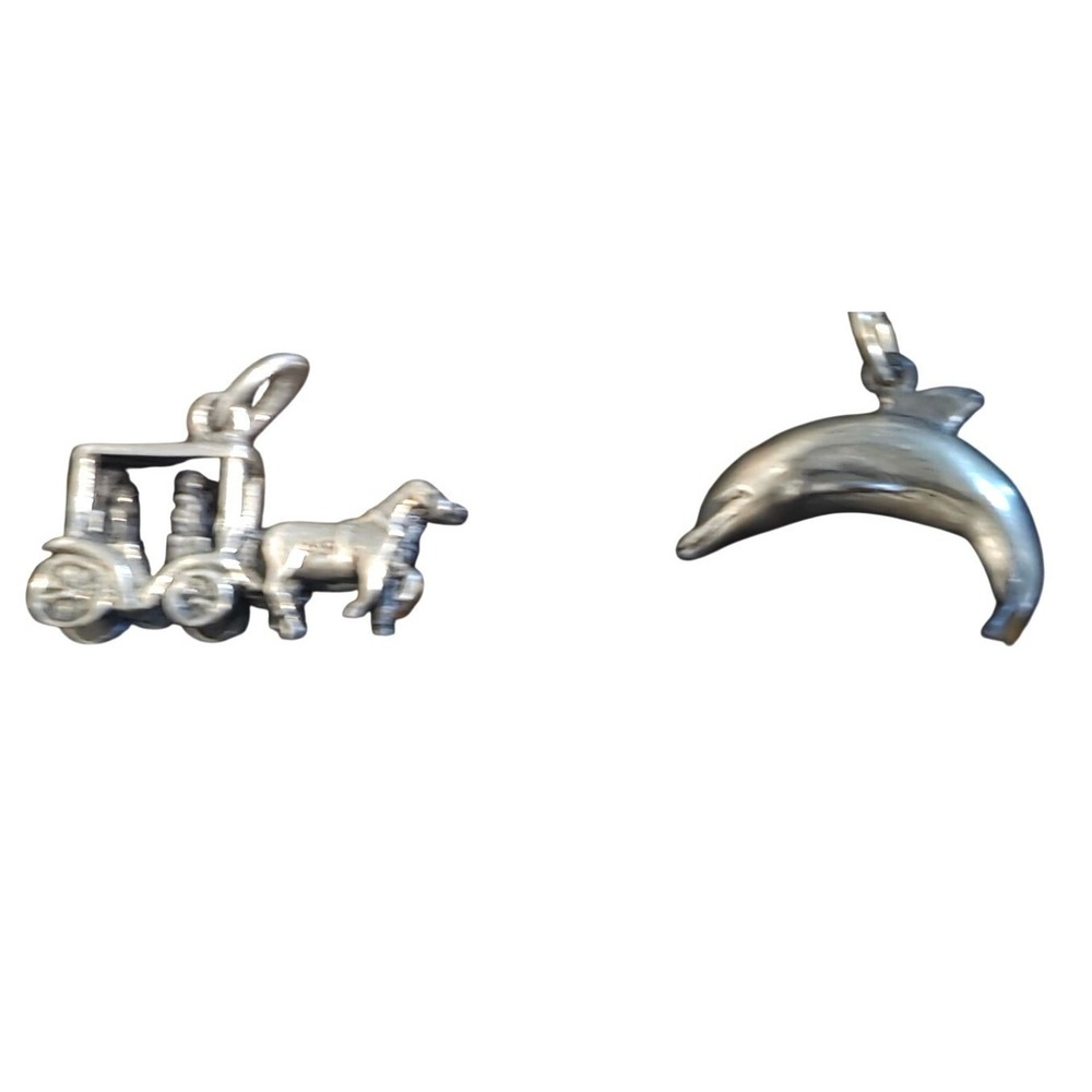 2 Vintage Charms Sterling Silver‎ Horse & Carriage + Dolphin